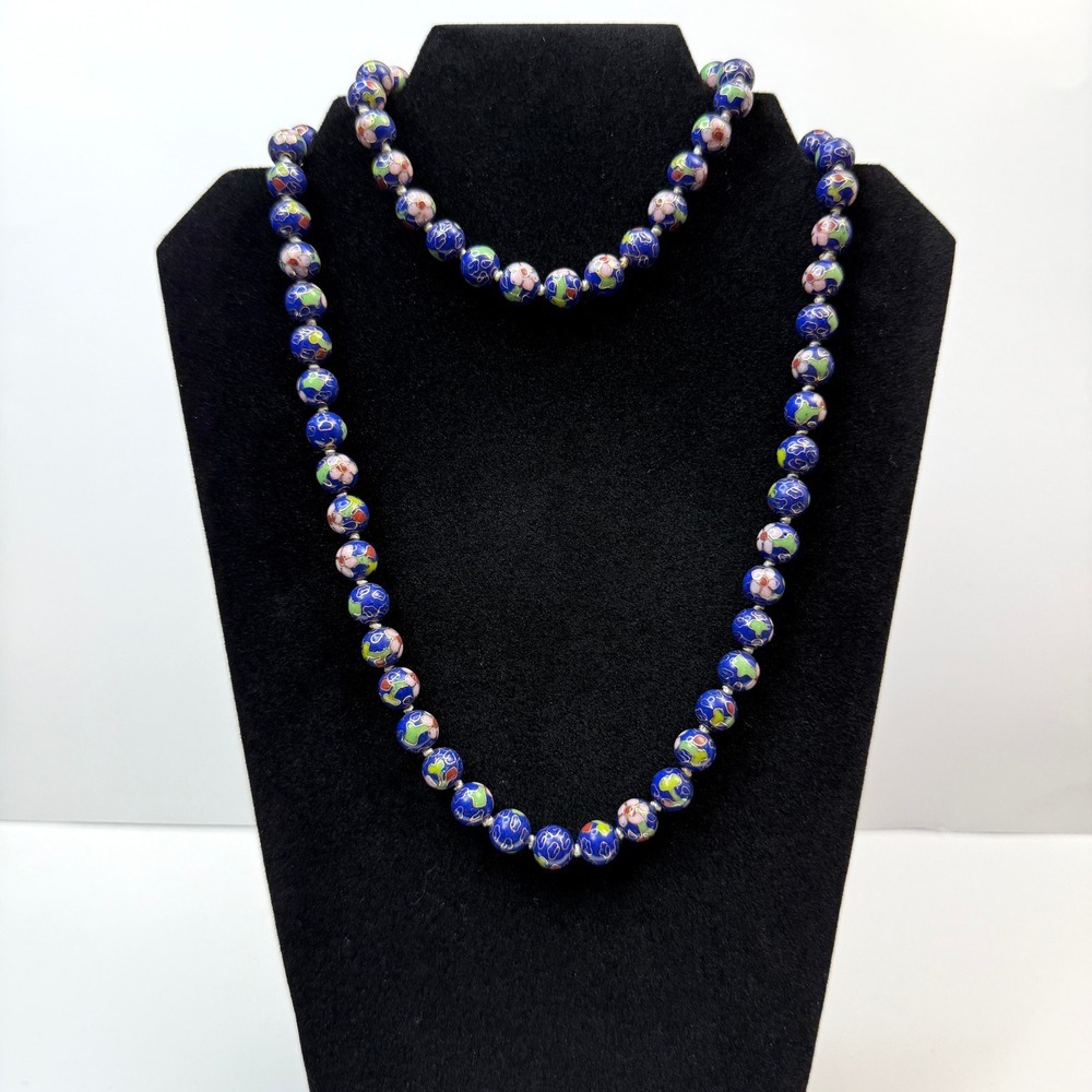 Vintage Cloisonne Bead Necklace Floral Design Cobalt Blue Gold Tone Clasp 16 in